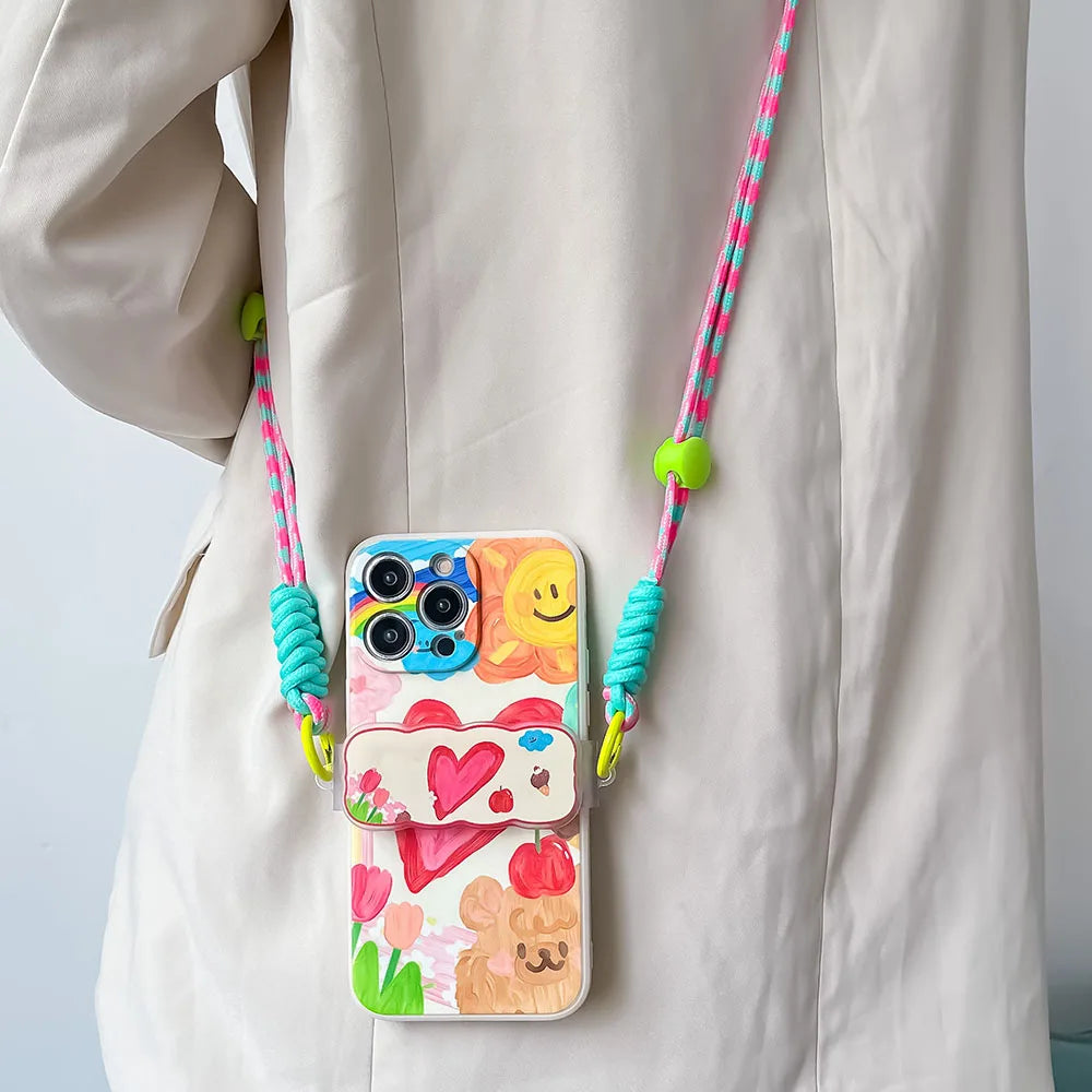 Love-Rainbow-Flowers Back Clip Lanyard Bracket Chain Crossbody Cord Phone Strap Case