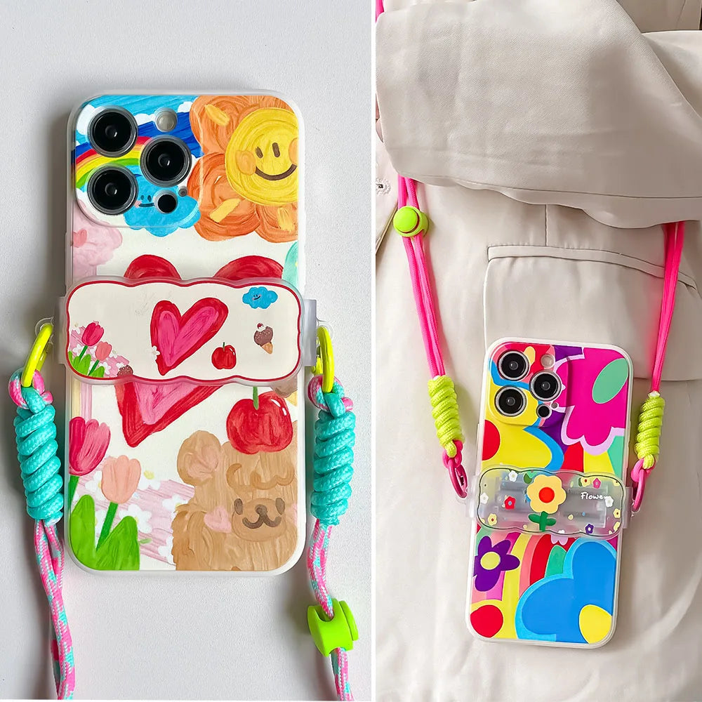 Love-Rainbow-Flowers Back Clip Lanyard Bracket Chain Crossbody Cord Phone Strap Case